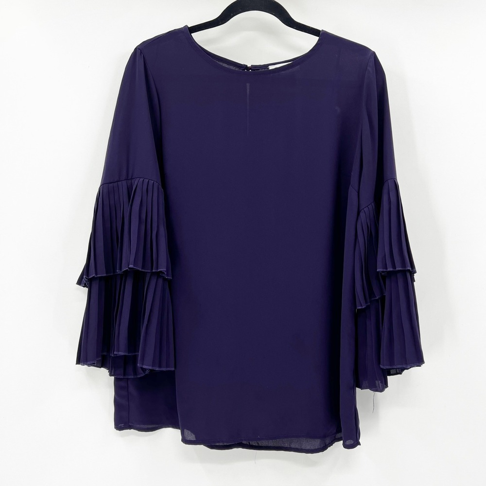 Carmen Marc Valvo Purple Pleated Tiered Bell Sleeve‎ Blouse Top M RN93178